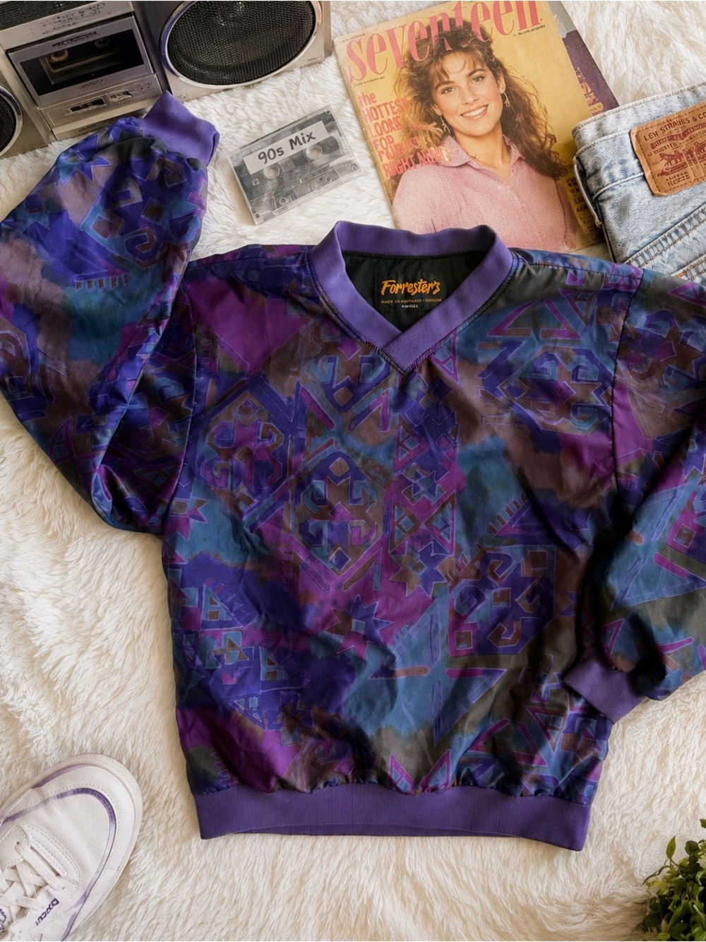 Vintage 90s Forrester’s Abstract Print Pullover Windbreaker Sweatshirt Purple S